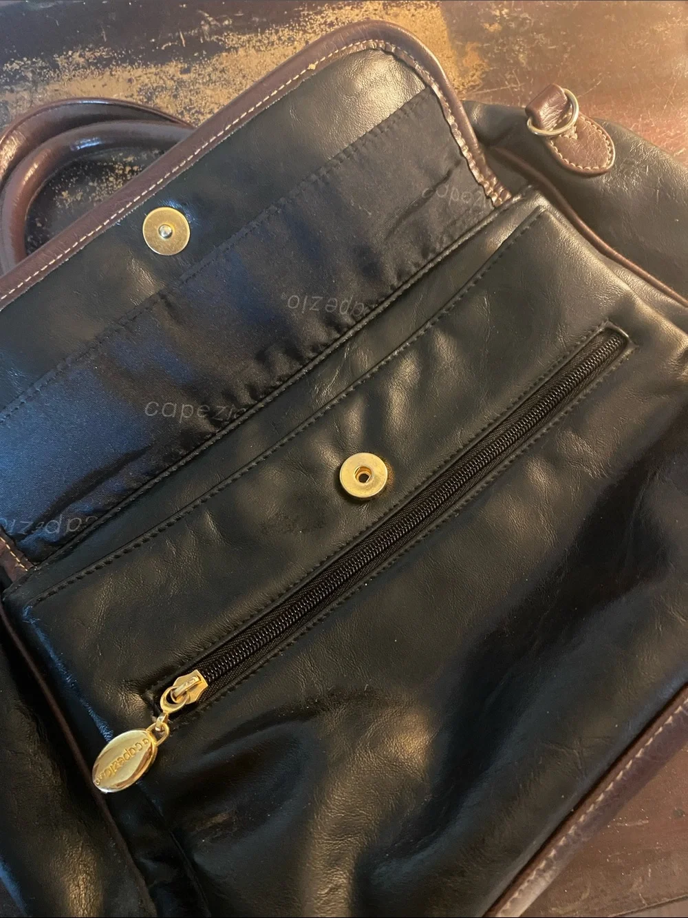 Capezio Black Doctor Satchel Bag Brown Trim Top Handle Crossbody Purse